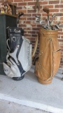 Two Old Golf Bags and Misc. Golf Clubs