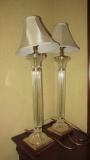 Pair of Glass Column Banquet Lamps with Gold Tone Base