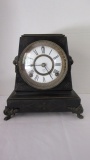 Antique Ansonia Black Finish Metal Mantle Clock with Lion Head Ring Handles
