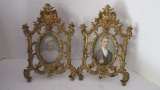 Pair of Ornate Brass Photo Frames with Antique Hand Colored Portraits