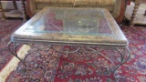 Square Marble Veneer and Beveled Glass Top Coffee Table with Wrought Iron Base