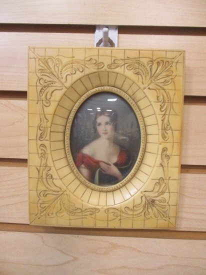 Vintage Miniature Portrait with Signature in Carved Frame
