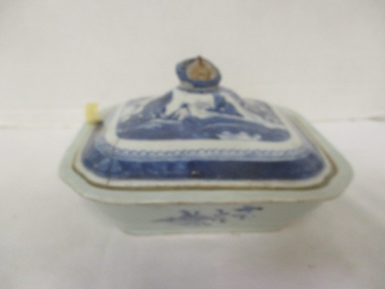 Antique Canton Blue and White Covered Dish