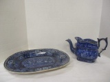 Vintage Blue and White Transferware Platter and Teapot