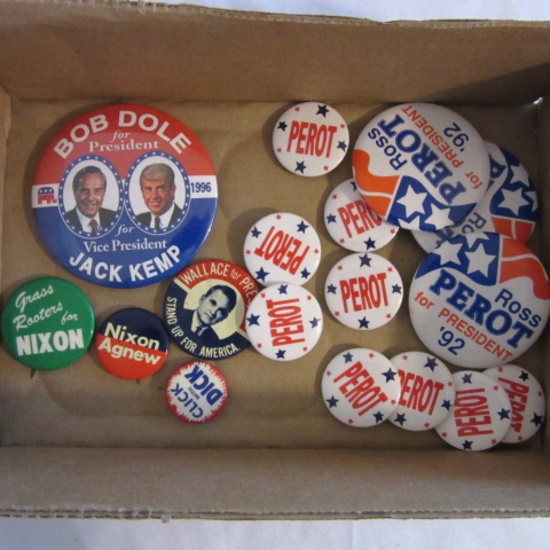 Old Political Election Campaign Buttons-Perot, Dole, Nixon, Wallace
