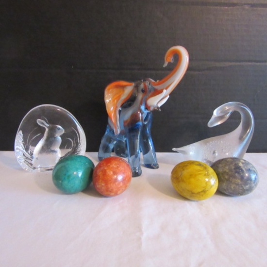 Four Stone Eggs, Art Glass Elephant, Art Glass Swan and Signed Crystal Rabbit