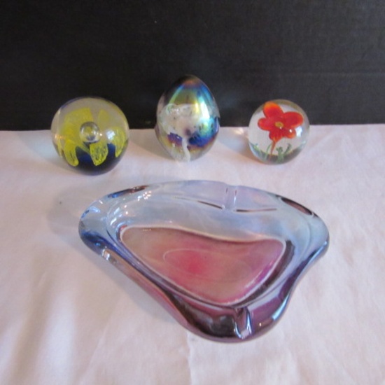 Art Glass Ashtray and Three Art Glass Paperweights