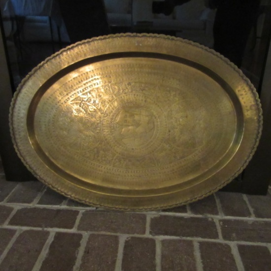 Large Etched Asian Motif Oval Brass Tray