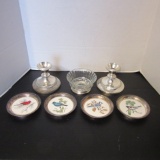 Four Silverplated Coasters with Porcelain Song Bird Inserts, Pair of Silverplated