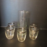 Five Dorothy Thorpe Style Cocktail Glasses and Art Glass Cocktail Pitcher