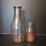 Vintage Comalac Half Pint Glass Milk Bottle and Quart Milk Bottle with Paper