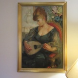 Signed Original Portrait of Woman with Mandolin Painting on Canvas