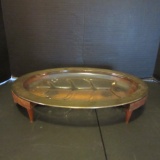 Midcentury Glasbake Meat Tray with Wood Serving/Trivet Stand