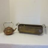 Copper Kettle and Footed Planter with Porcelain Insert Handles