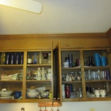 Contents of Base and Wall Cabinets-Glassware, Vases, Blue Bottles, Bakeware,