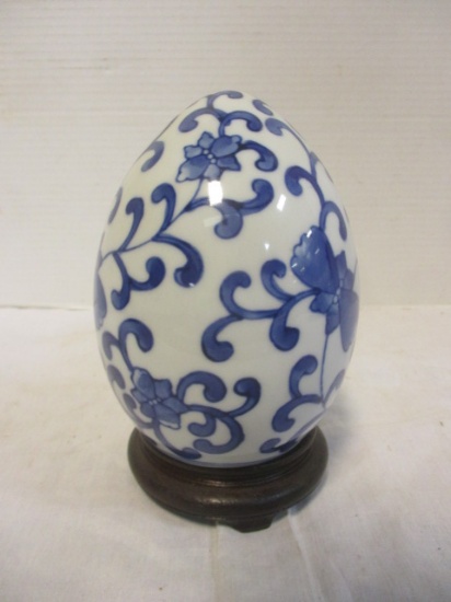 Blue & White Decorative Egg on Wood Stand