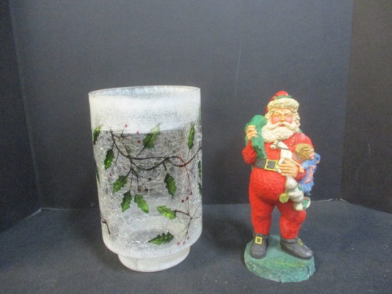 Santa Figurine (1850 Denmark) & Crackle Glass Candle Holder 10"