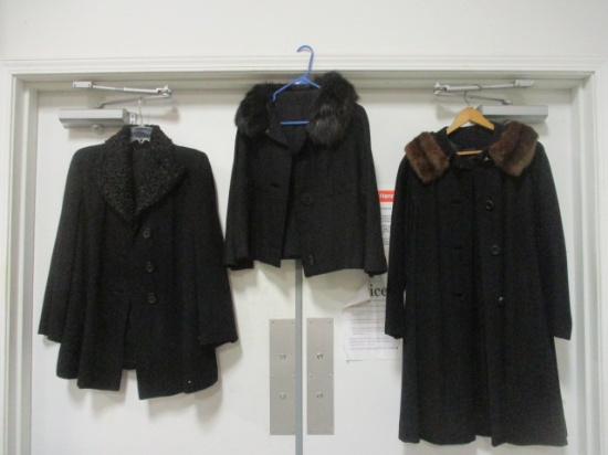 Three Vintage Black Wool Jackets with Fur Collars