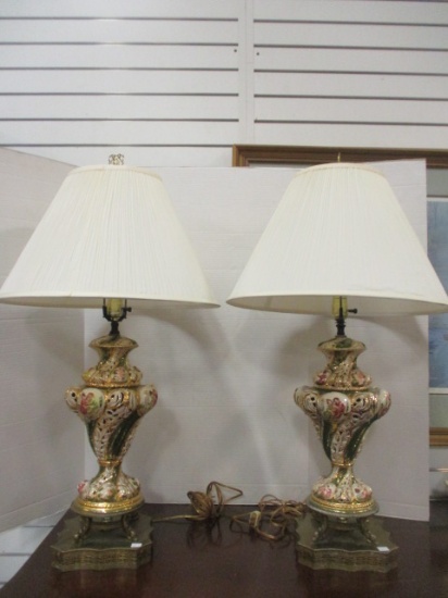Pair of Pierced Capodimonte Lamps with Dolphin Feet