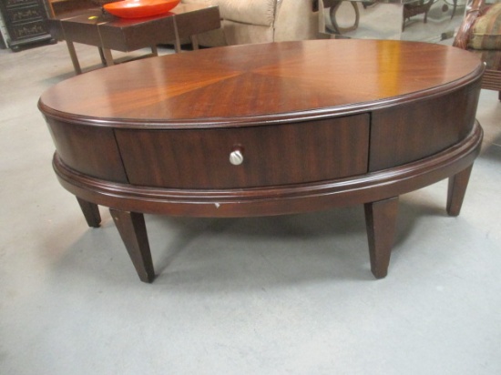 Oval Coffee Table w/ Drawer and End Slide-Out Trays