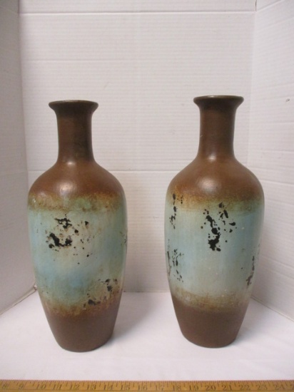 Pair Tall Distressed Glazed Pottery Vases