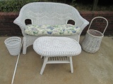 Wicker Love Seat, Oval Table, Basket, and Trash Can
