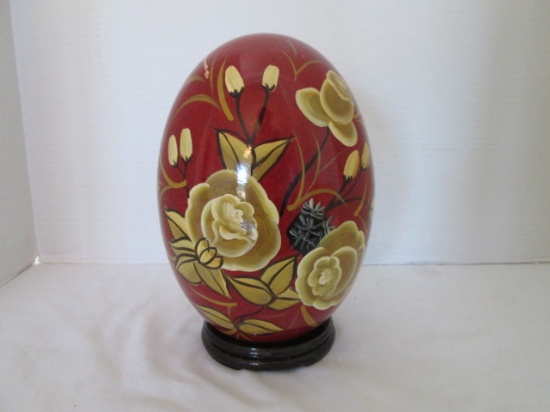 Hand Decorated Ceramic Egg on Wood Stand