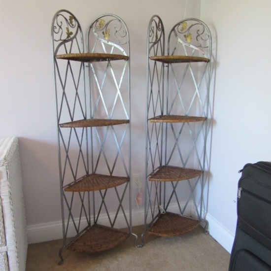 Pair of Folding Corner Metal Shelf Units with Natural Woven Shelves