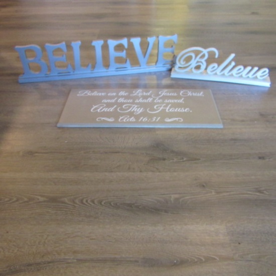 Two "Believe" Tabletop Plaques and Scripture Wall Plaque