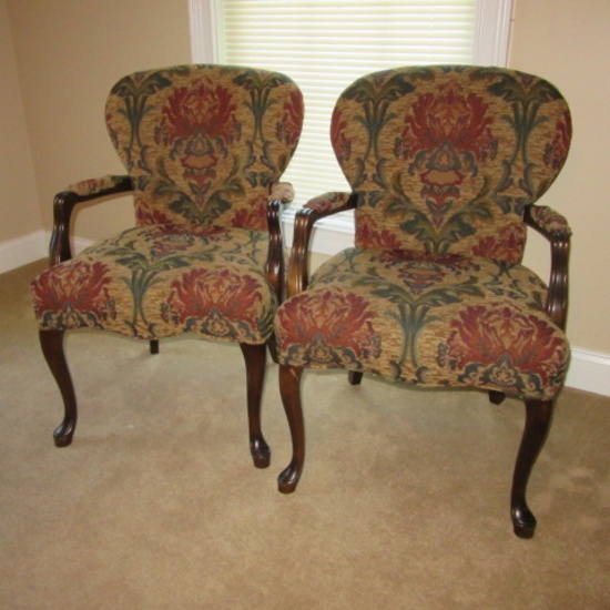 Pair of Wood Armchairs with Tapestry Seat/Backs