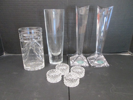 Crystal Vases, Salt Cellars and Pair of Shannon Crystal Candle Sticks