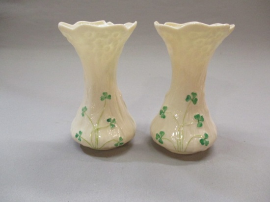 2 Vintage Belleek Ireland Shamrock Vases 5 1/2" - 1 has chip
