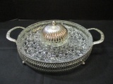 Vintage Silverplate & Glass 4 Section Serving Tray w/Covered Center