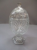 Vintage Cut Glass Egg Shaped Pedestal Candy Dish 9 1/2