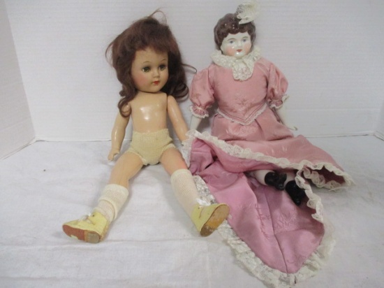 Ceramic Victorian Doll (12") & Hard Plastic Doll (14")