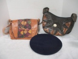 Blue Wool Beret Hat & 2 Leather Handbags