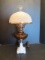 Electric Turn Key Amber Font Lamp with Milk Glass Post and Shade
