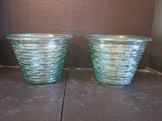 Pair of Vintage Green Glass Basket Weave Design Flower Pots