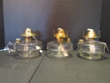 Two Clear Glass Oil Font Lamps and One Finger Oil Lamp