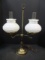 Milkglass Hobnail Double Globe Electric Lamp with wood/brass base