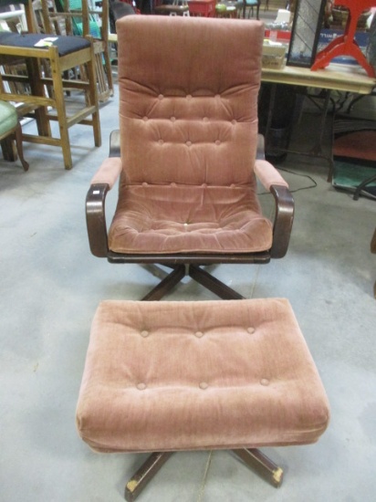 Swivel Wood Upholstered Chair & Matching Foot Stool