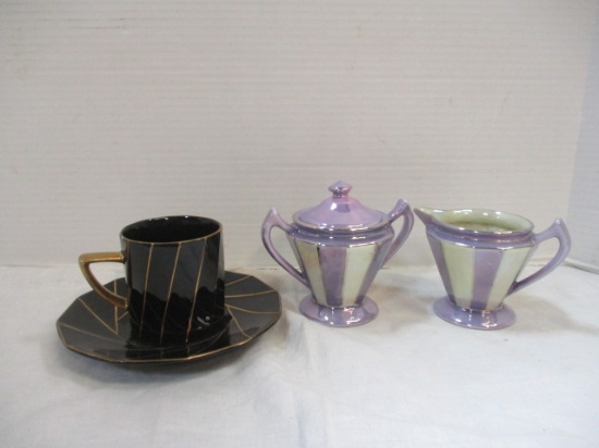 Negoya Ceramic Black/Gold Cup/Saucer, Traunfelter Creamer/Sugar