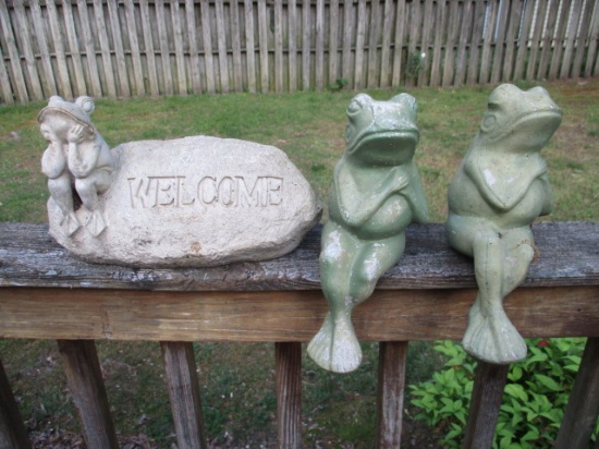 Two Concrete Sitting Frogs and Lightweight Welcome Sign