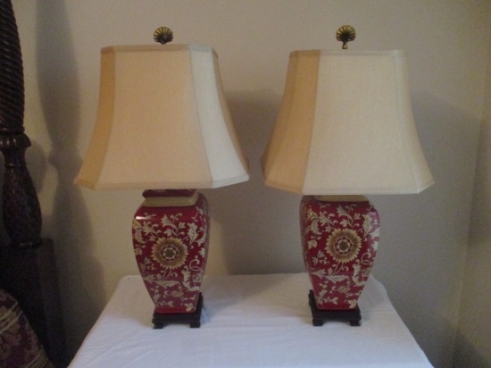 Pair of Red and Gold Floral Table Lamps