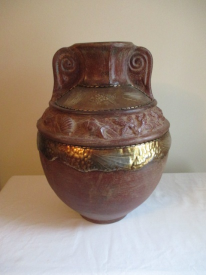 Pottery Vase with Metal Embellishments