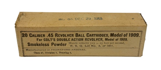 SEALED & MINT 20rds. of 1913 dated Frankford Arsenal .45 LONG COLT Model of 1909 Ammunition