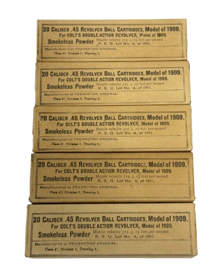SEALED & MINT 100rds. of 1913 dated Frankford Arsenal .45 LONG COLT Model of 1909 Ammunition