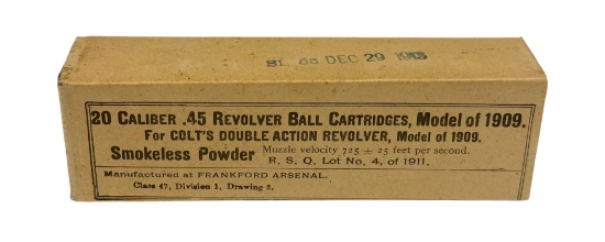 SEALED & MINT 20rds. of 1913 dated Frankford Arsenal .45 LONG COLT Model of 1909 Ammunition
