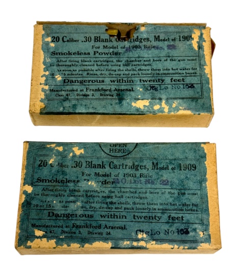 (2) Original WWI 1919 Dated Frankford Arsenal 20rds. of .30 CAL. Blank  M1909 for M1903 Rifles