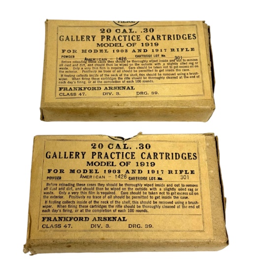 (2) Sealed Original WWI 1921 20rds. 30 CAL. Gallery Practice Cartridges M1919 for M1903 & 1917 Rifle